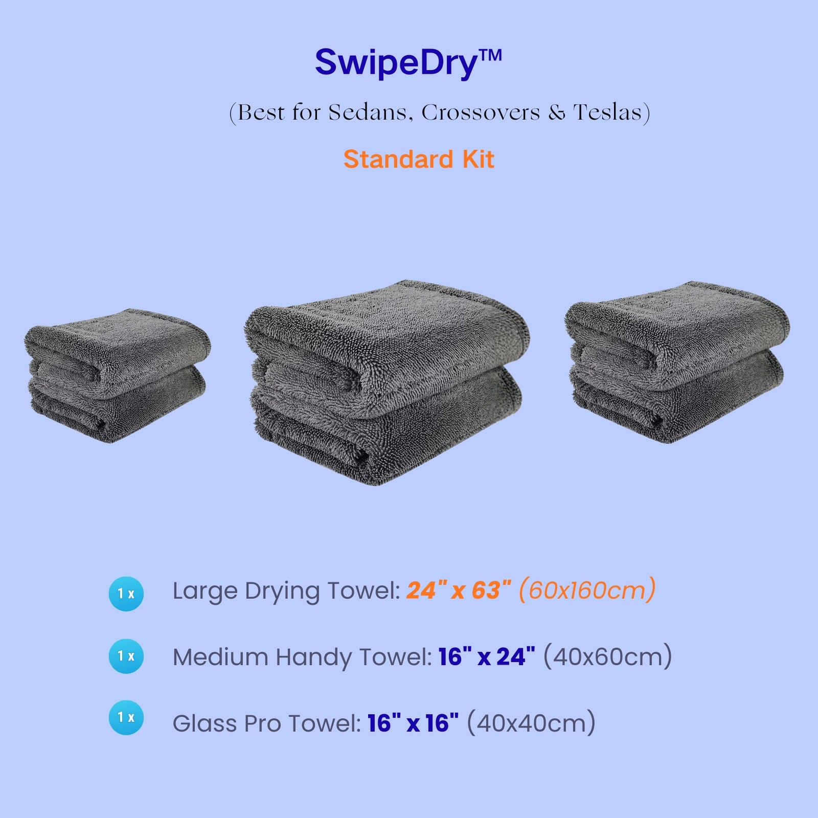 SwipeDry Standard Kit contents: 24x63 inch drying towel, medium towel, and glass towel. Best for Sedans.