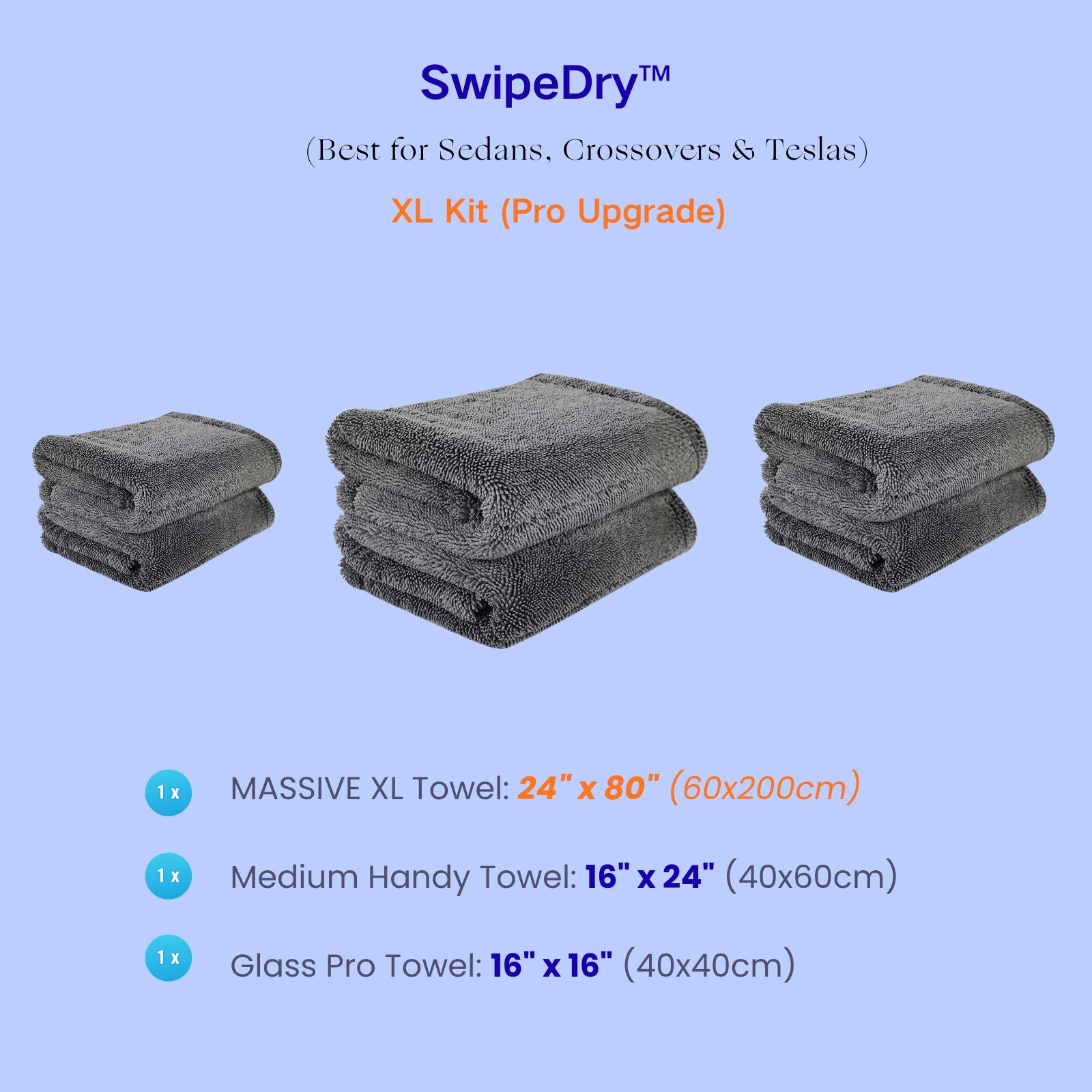 SwipeDry XL Kit contents: Massive 24x80 inch drying towel, medium towel, and glass towel. Best for Trucks and SUVs.