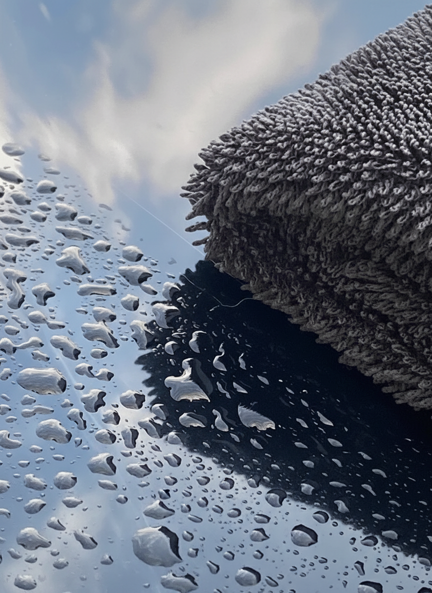 Microfiber towel on a car window with water droplets