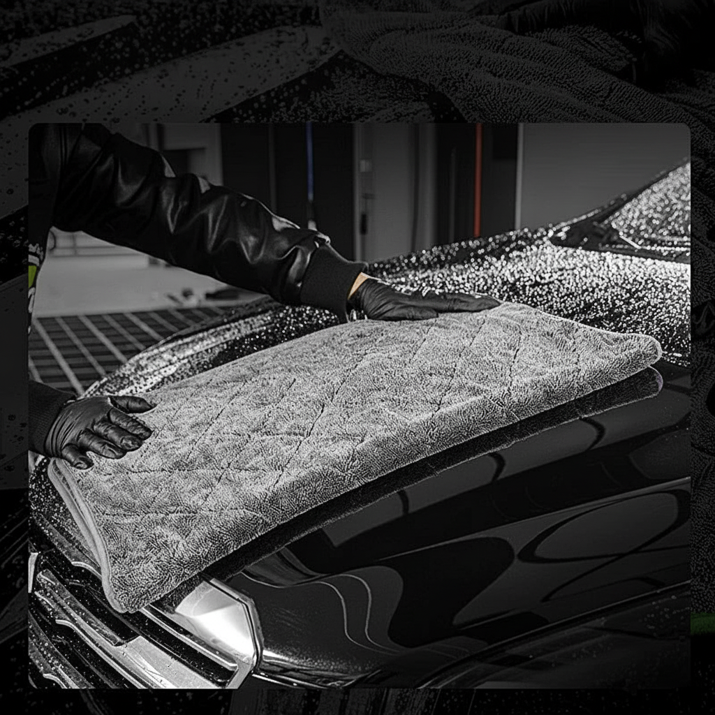 Person cleaning a car with a towel, with a blurred background